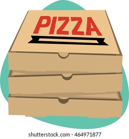 Closed cardboard box pile with Pizza title on top. Open and closed cardboard box on green background.