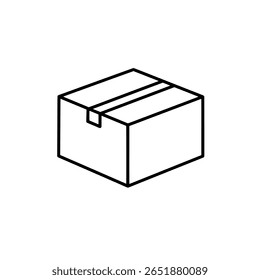 A closed cardboard box in a simple 3D isometric line art style. A minimalist icon for shipping, delivery, packaging, or storage concepts.
