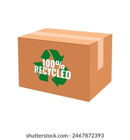 Closed cardboard box with tape and recycle symbol. Recycling, green environment concept.
