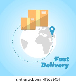 Closed cardboard boxes on background of globe. Fast delivery banner, vector illustration. Worldwide shipping and moving service. International postage concept. Postal box symbol.