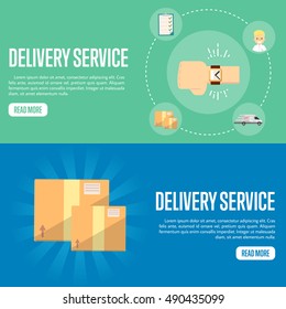 Closed cardboard boxes on blue background. Human hand with watch on green. Delivery service website templates, vector illustration. Professional courier concept. Logistic