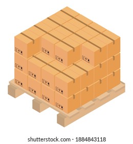 Closed cardboard boxes on a pallet with a ribbon with road signs. Isometric composition concept. Isolated vector on white background. Design for delivery service. Vector graphics