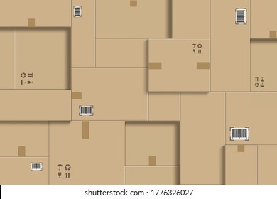 Closed cardboard boxes stacked in a pile. Warehouse logistics and cargo delivery. Vector background.