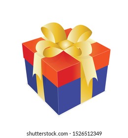 Closed cardboard square box with glossy  ribbon bow mockup. Happy new year and xmas gift packaging with silk tape decoration. 
