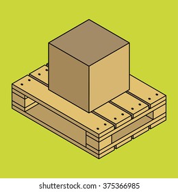 Closed carton delivery packaging box on wooden pallet, isolated on chartreuse background vector illustration