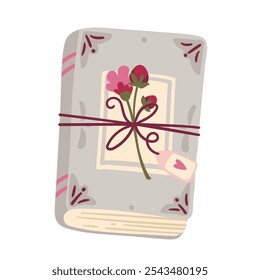 Closed cartoon book tied by rope with bow, pink flower and red buds. Funny old gray book and paper label with heart hanging on thread. Gift, love mascot, cartoon poetry present vector illustration