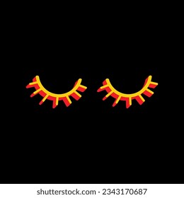 Closed cartoon eyes. 3D Extruded Yellow Icon with Red Sides a Black background. Illustration.