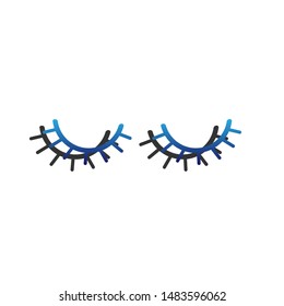 Closed cartoon eyes. Blue icon with gold contour with dark gray shadow at white background. Illustration.