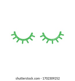 Closed cartoon eyes. Green scribble Icon with solid contour on white background. Illustration.