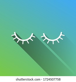 Closed cartoon eyes. White Icon with gray dropped limitless shadow on green to blue background. Illustration.