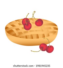 Closed cherry pie isolated. Sweet baked dessert with red ripe berries in white background.
