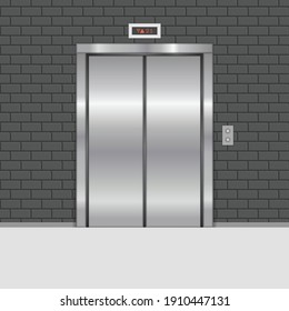 Closed chrome metal office building elevator doors. Vector illustration in realistic style. 