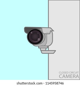 closed circuit camera , CCTV, security camera illustration flat style on the fray wall background sky color