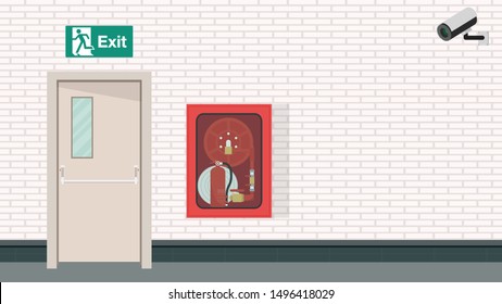 closed circuit camera and door vector. wallpaper. free space for text. copy space. blank. Fire extinguisher vector.