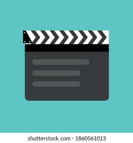 Closed clapper board icon. Teal blue square background. Vector illustration EPS 8.