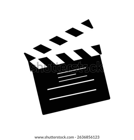 Closed clapper board icon. Videography clapboard silhouette. Film director tool. Camera and action concept. Cinematographic or television industry object. Vector graphic illustration.	
