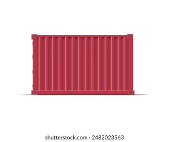 Closed classic iron small red container with shadow. Profile view of the object. Sea and land freight transport. 3D mockup. Realistic vector illustration on white background.