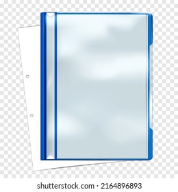 Closed clear front plastic file folder with white hole punched paper sheet. Document binder PVC cover realistic vector mock-up