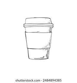 Closed coffee cup. Hand-drawn paper cup with a lid.  Isolated illustration on white background. 