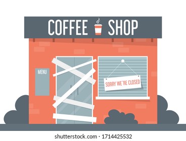 Closed coffee shop vector isolated. Sorry we are closed, idea of bankruptcy and coronavirus pandemic. Front view of thw store building.