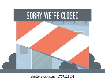 Closed coffee shop vector isolated. Sorry we are closed, idea of bankruptcy and coronavirus pandemic. Front view of the store building.