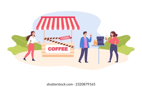 Closed coffee stall and upset customers vector illustration. Cartoon drawing of people drinking coffee with bad taste from machine. Coffee, business, beverage, inflation concept
