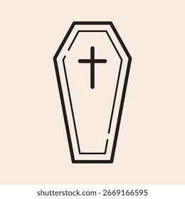 Caja cerrada de la tumba del ataúd con el símbolo de la cruz listo para el funeral, la muerte o los acontecimientos de halloween, arte de la línea del Vector