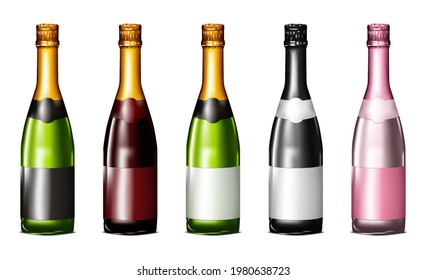 Closed colored glass champagne bottle with blank label isolated on white background, mockup. Template for design. Easy to recolor