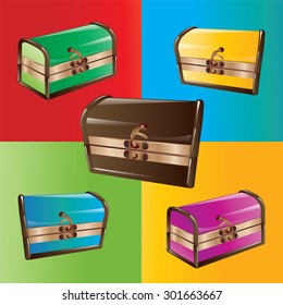 Closed colorful chests isolated. Vector, illustration.