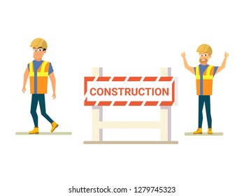 Closed for Construction Flat Vector Concept with Happy Smiling Builders, Construction Site Workers Characters in Uniform and Helmets and Red Warning Road Sign Illustration Isolated on White Background