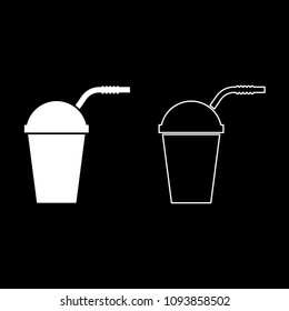 Closed container for hot cold drinks with straw icon set white color outline