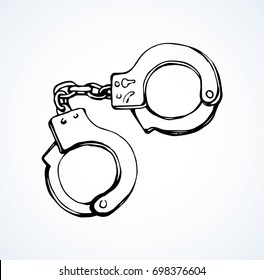 Closed cop fetters manacle for bind detain culprit guilty delinquent burglar on white backdrop. Freehand outline black ink drawn logo sketchy in art retro scribble cartoon graphic style pen on paper