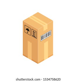 Closed corrugated isometric box. Concept for cargo shipping, unpacking.Vector icon isolated on white background.