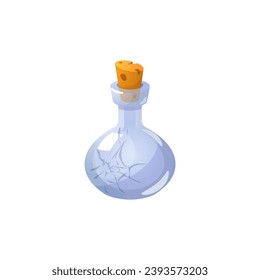 Closed cracked glass potion bottle flat style, vector illustration isolated on white background. Decorative design element for online games, transparent flask icon
