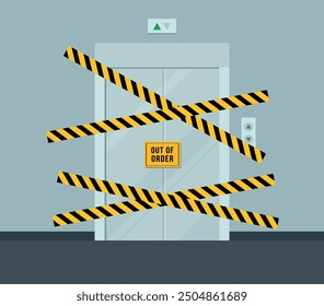 Closed damaged elevator door in flat style. Elevator repair concept. Broken elevator. Vector stock