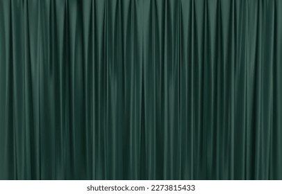 The closed dark green curtain in the theatre background. Theatrical drapes. Green curtains on a theatre stage. 3D Vector illustration.