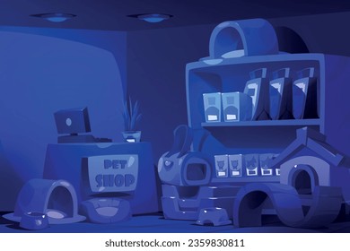Closed dark pet store interior at night. Cartoon petshop with domestic animals care stuff and accessories. Counter with cash register, shelves with cat and dog food, houses and beds for pets.