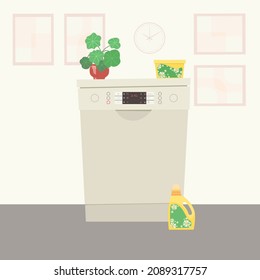 Closed dishwasher. Freestanding dishwasher in the interior. The display shows the wash program. Kitchen equipment flat vector illustration.