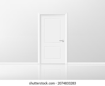 Closed door in bright interior with mirror on a floor. Realistic 3d style vector illustration 