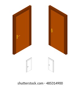 Closed door. Isolated on white background. 3d Vector illustration. Isometric style.