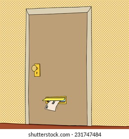 Closed door with letter coming through mail slot