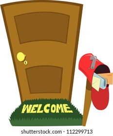 a closed door and a mailbox with letters