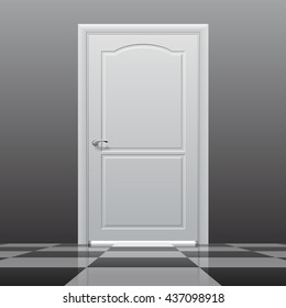 Closed door on the glossy chess floor. Interior concept design in black and white colors. Vector illustration