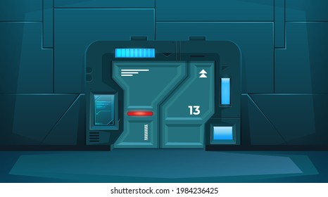 Closed Door On Spaceship. Background For Games. Hallway With Locked Room. Vector 