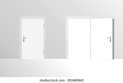 Closed door and open door. Vector illustration.