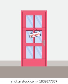 Puerta cerrada con un cartel Cerrado sin motivo. Ilustración vectorial en diseño plano minimalista.
