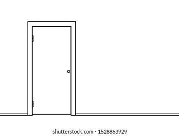 Closed door in the wall. Black and white simple vector background. Line drawing.
