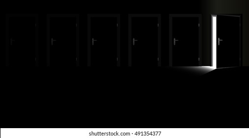 Closed doors and one open door with a glimmer of light coming in - as a symbol for shimmer of hope.