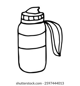Closed drinking bottle with water or tea, sketch hand drawn illustration of thermos. Vector illustration of summer tea, water for sport, isolated on white background.