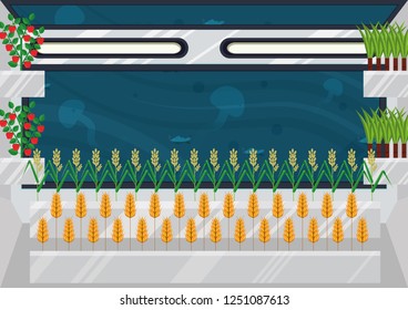 Closed ecological system. Concept of use. A self-sustainable bio station with different plants in extreme conditions of oceanic deep. View from inside of bio station